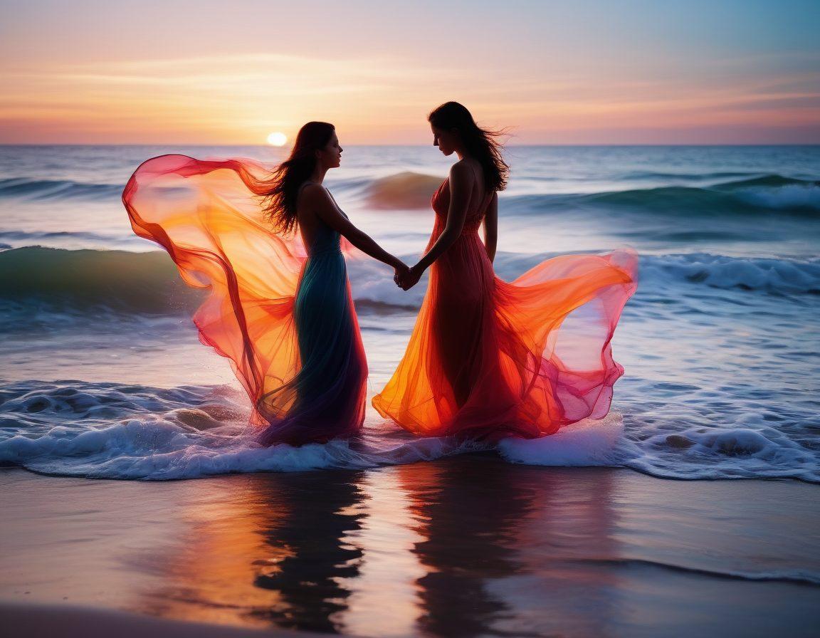 A visually striking journey through an intimate exploration, featuring abstract representations of shared experiences symbolized by intertwining silhouettes against a dreamy, softly blurred background. Include elements like gentle waves or flowing colors to evoke emotion and intimacy, with hints of vibrant textures representing personal connections and openness. surrealism. vibrant colors. soft focus.